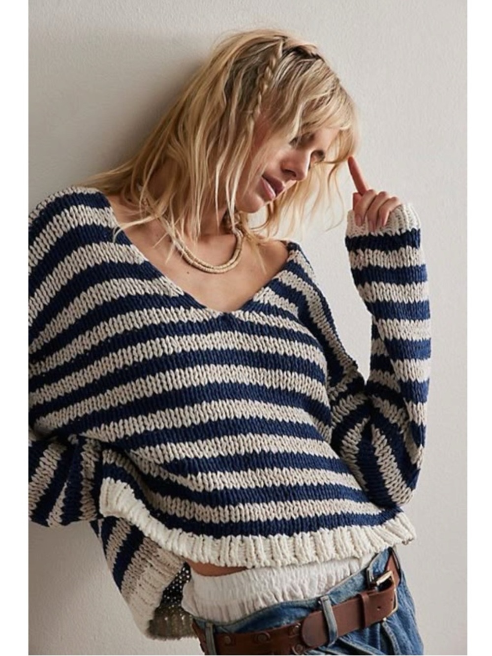 Free People Coastal Nautical Preppy V Neck Portland Pullover Sweater Medium